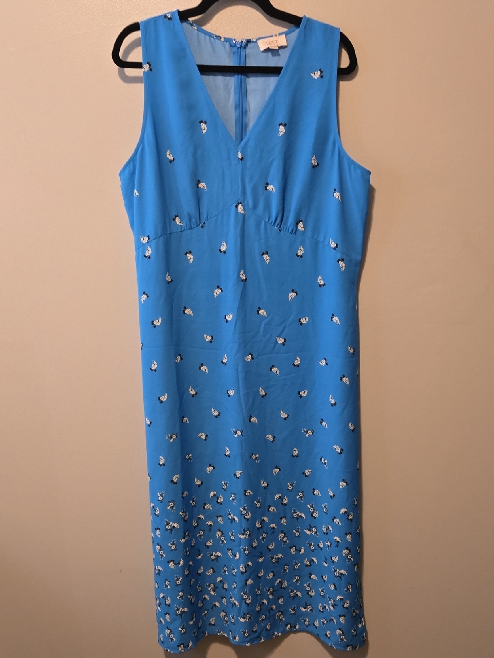 LOFT Bright Blue Sleeveless V-Neck Midi Dress with Floral Dots